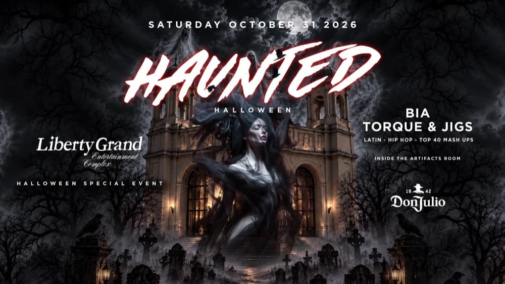 Haunted Halloween flyer: a gothic hall under a full moon, Saturday October 31 at Liberty Grand, BIA and Torque & Jigs, inside the Artifacts Room