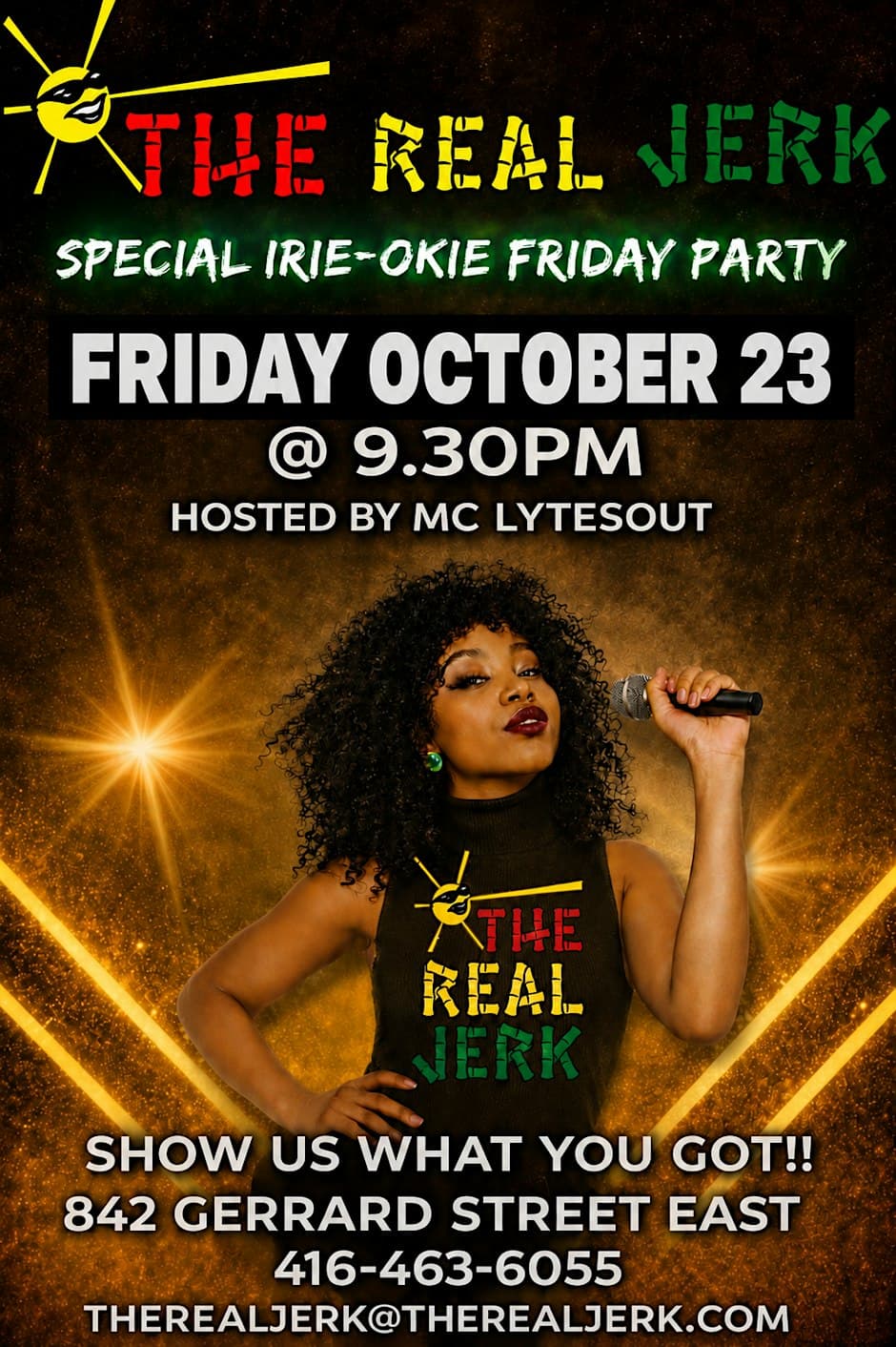 Irie-Okie Friday Party flyer, The Real Jerk, 2026-10-23