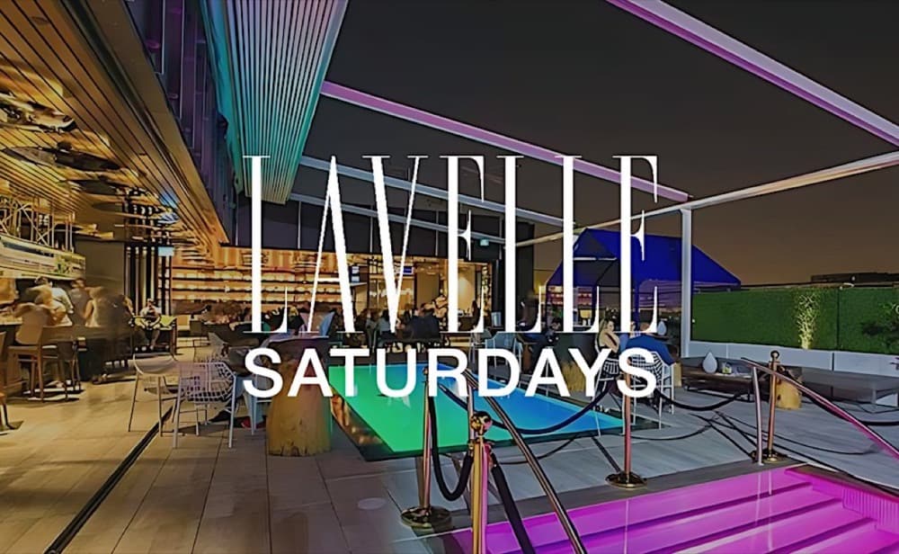 Lavelle Saturdays promoter listing artwork, rooftop pool at night