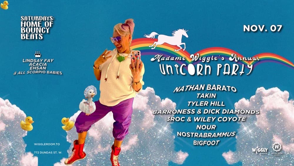 Madam Wiggle's Annual Unicorn Party flyer, Wiggle Room, 2026-11-07