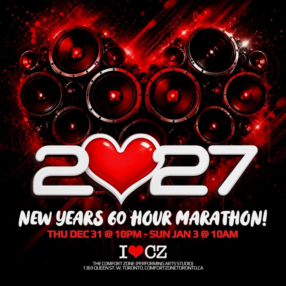 The Comfort Zone 2027 New Years 60 Hour Marathon flyer: Thu Dec 31 10pm to Sun Jan 3 10am