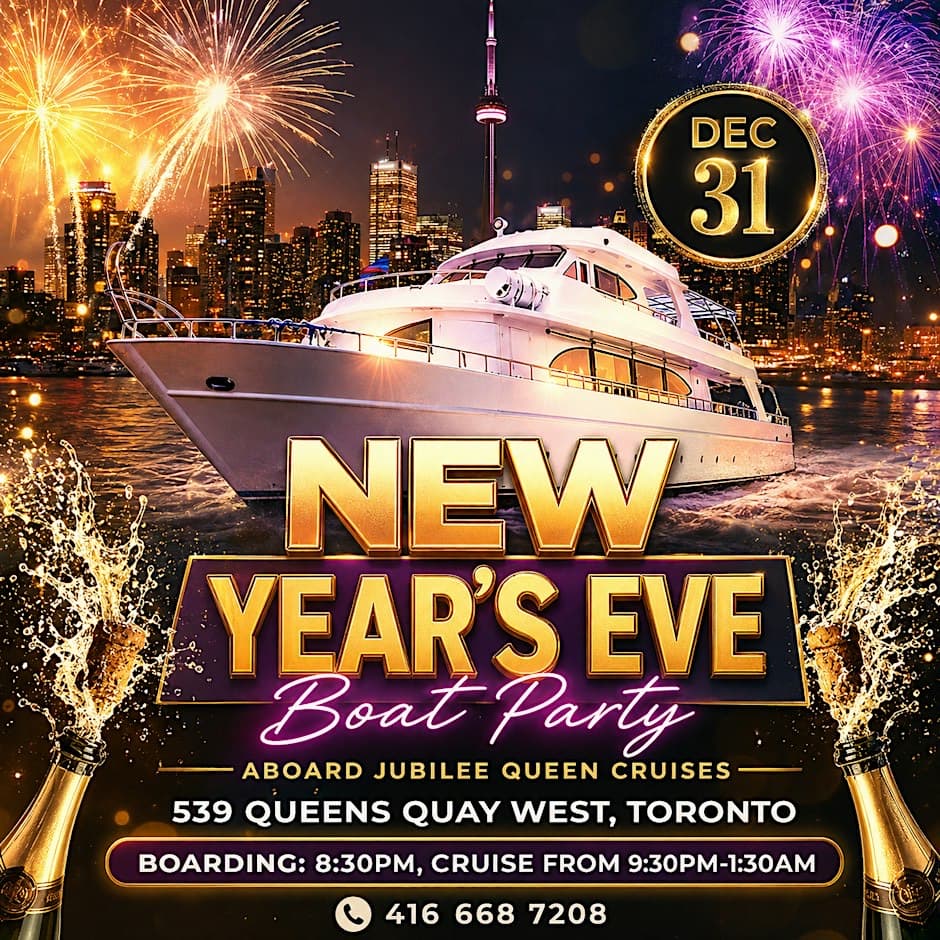 New Year's Eve Boat Party flyer: Dec 31, aboard Jubilee Queen Cruises, 539 Queens Quay West, boarding 8:30pm