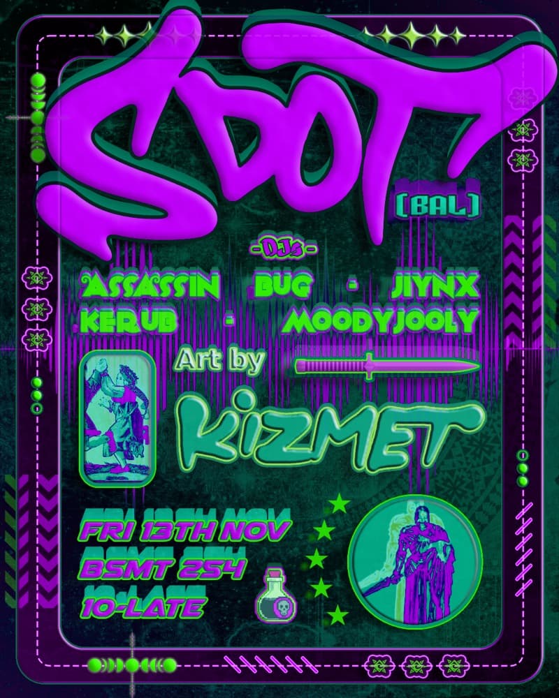 SDOT (BAL), Assassin Bug, Jiynx, Kerub, moodyjooly, art by KIZMET flyer, Bsmt 254, 2026-11-13