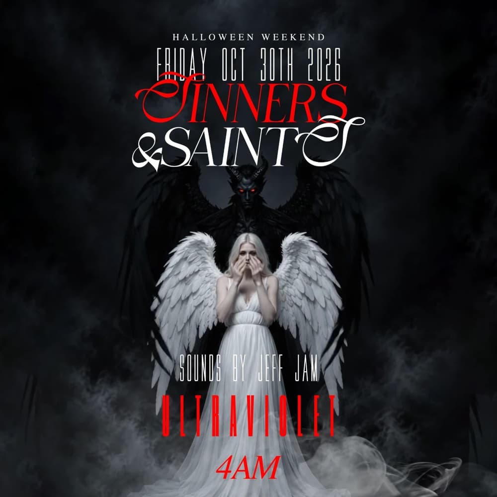 Sinners & Saints flyer: a dark winged figure behind a white-winged angel in smoke, Friday October 30 at Ultraviolet, sounds by Jeff Jam, until 4 a.m.