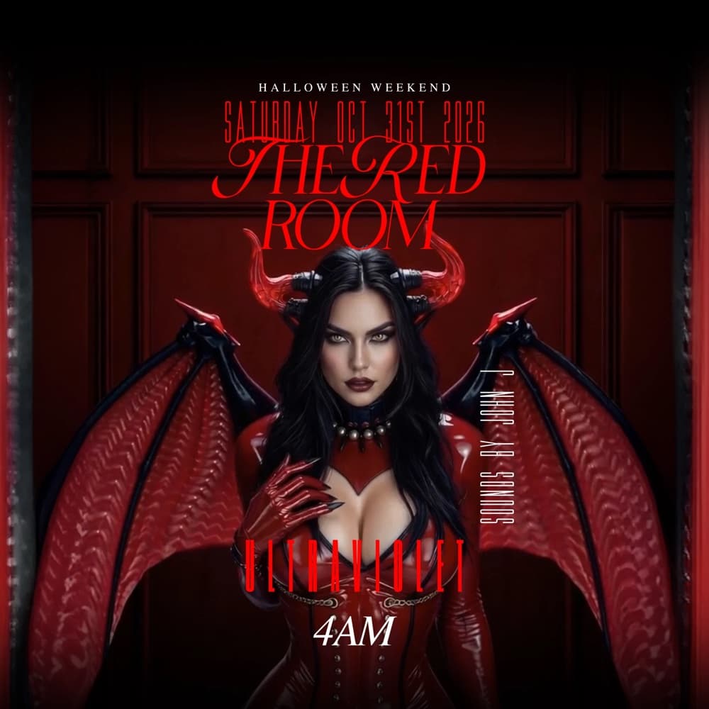 The Red Room flyer: a winged devil in red latex against red panelling, Saturday October 31 at Ultraviolet, sounds by John J, until 4 a.m.